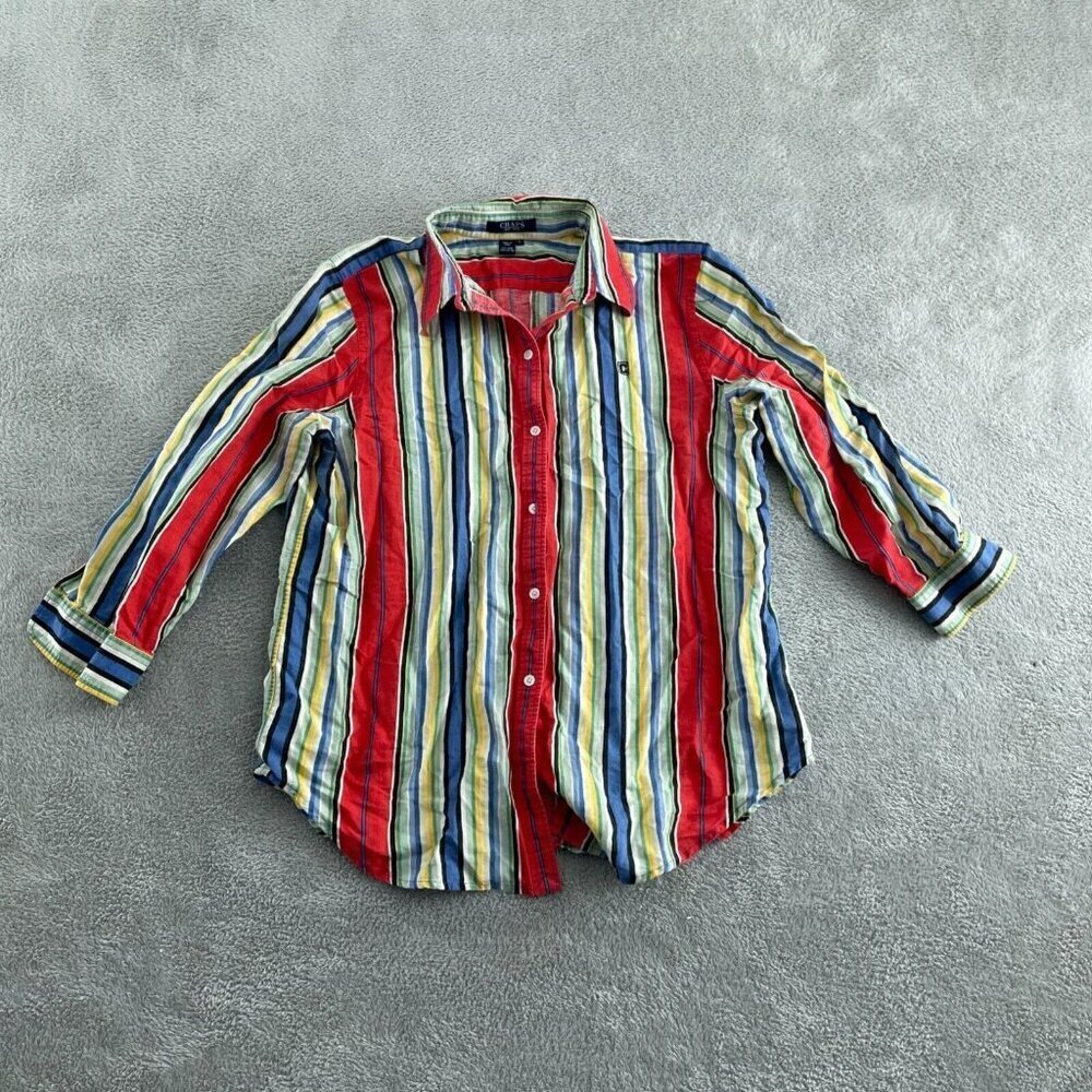 Chaps Womens Multicolor Striped Long Sleeve Shirt L Linen & Cotton 5457